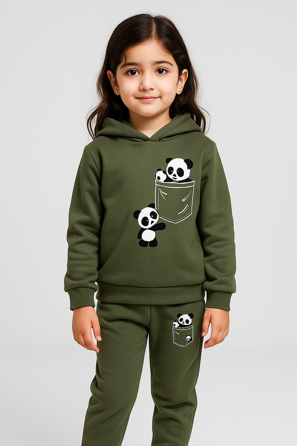 Olive Panda Fleece Hoodie Tracksuit