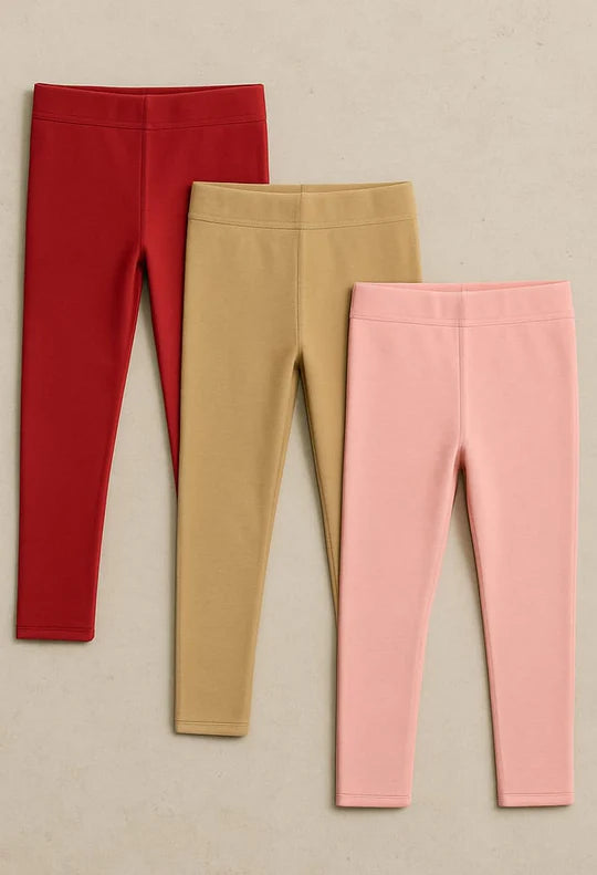 Girls Cotton Leggings – 3-Pack (Red, Beige, Pink)